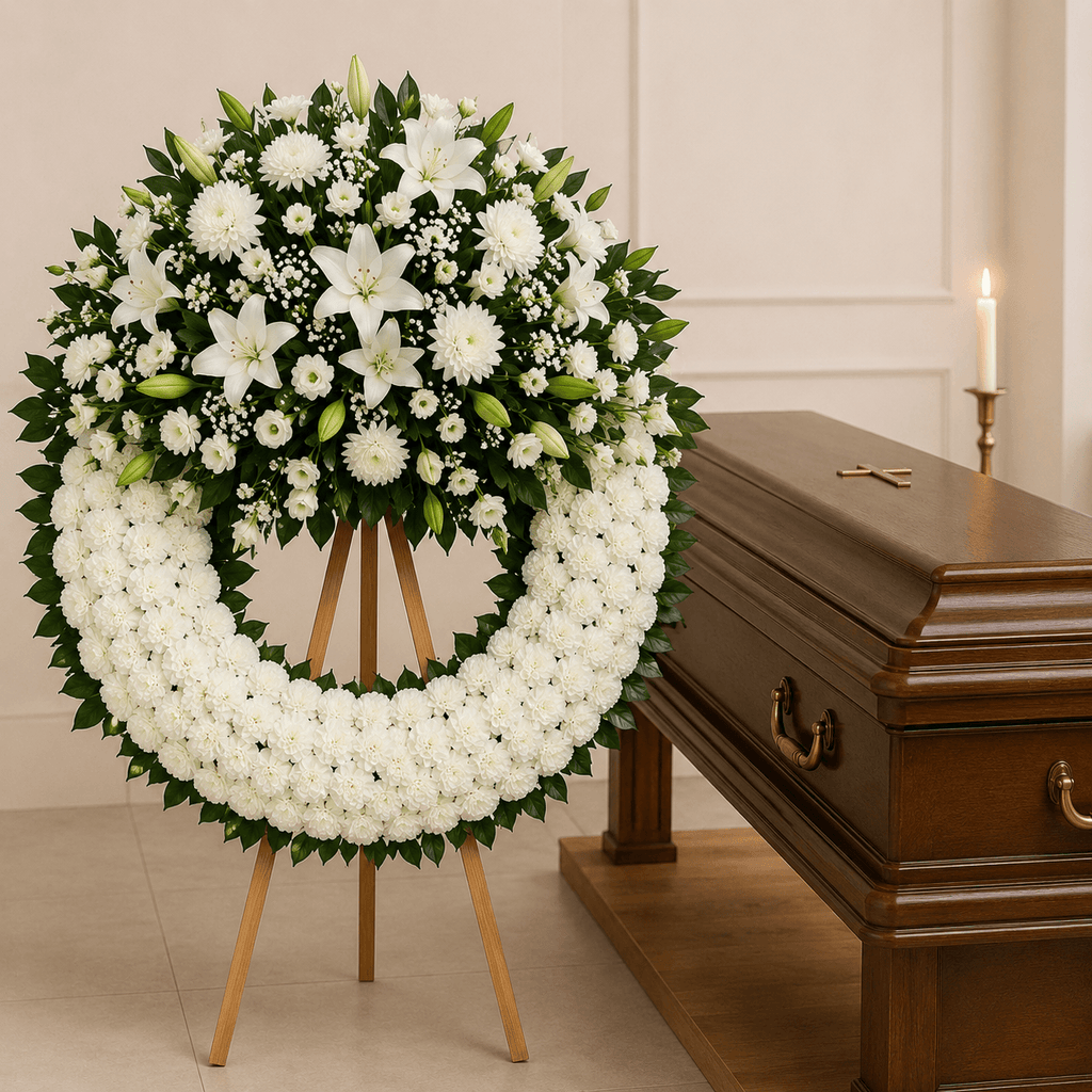 Corona de flores blancas y flor variada