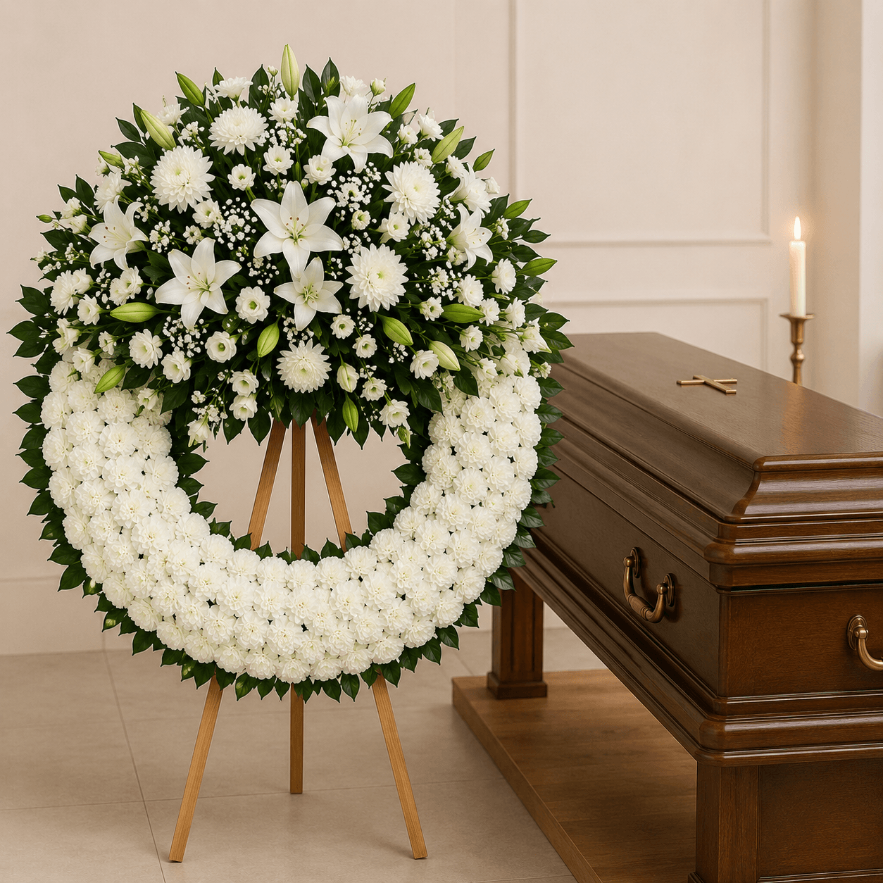 Corona de flores blancas y flor variada