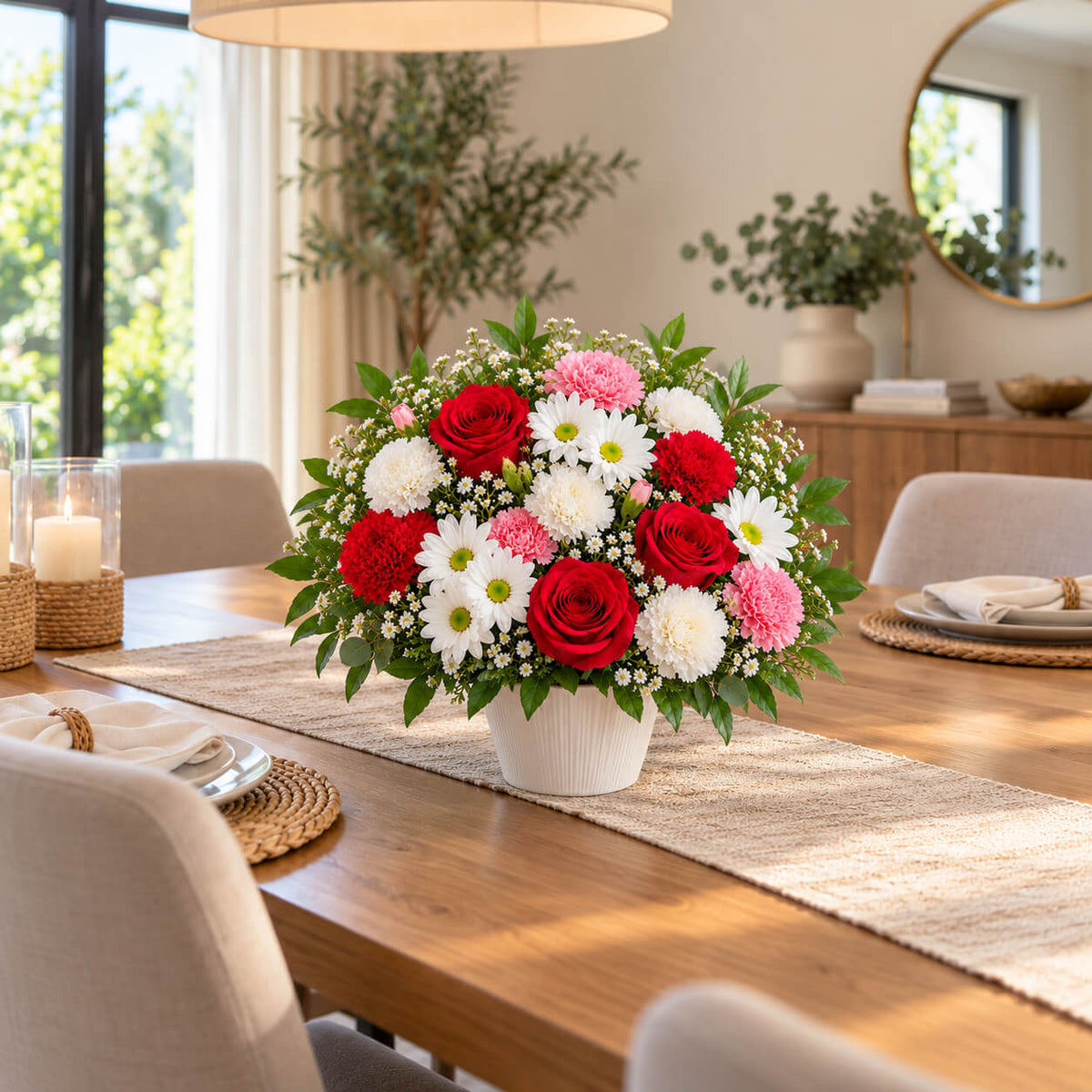 Centro de flores con rosas y claveles primavera