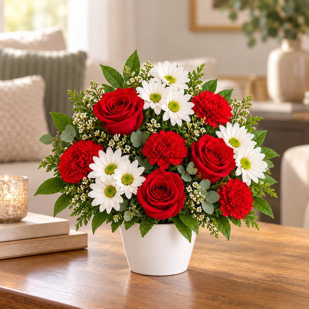 Centro de flores con rosas rojas armonia