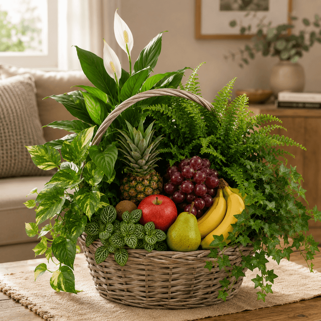 Cesta de plantas y frutas