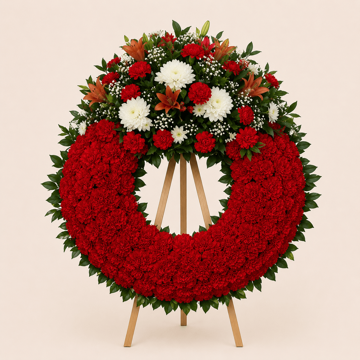 Corona de flores rojas y flor variada