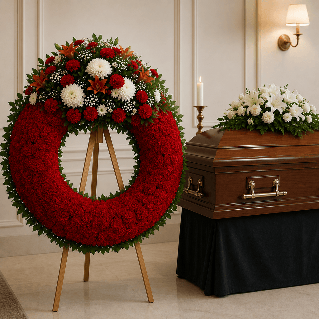 Corona de flores rojas y flor variada