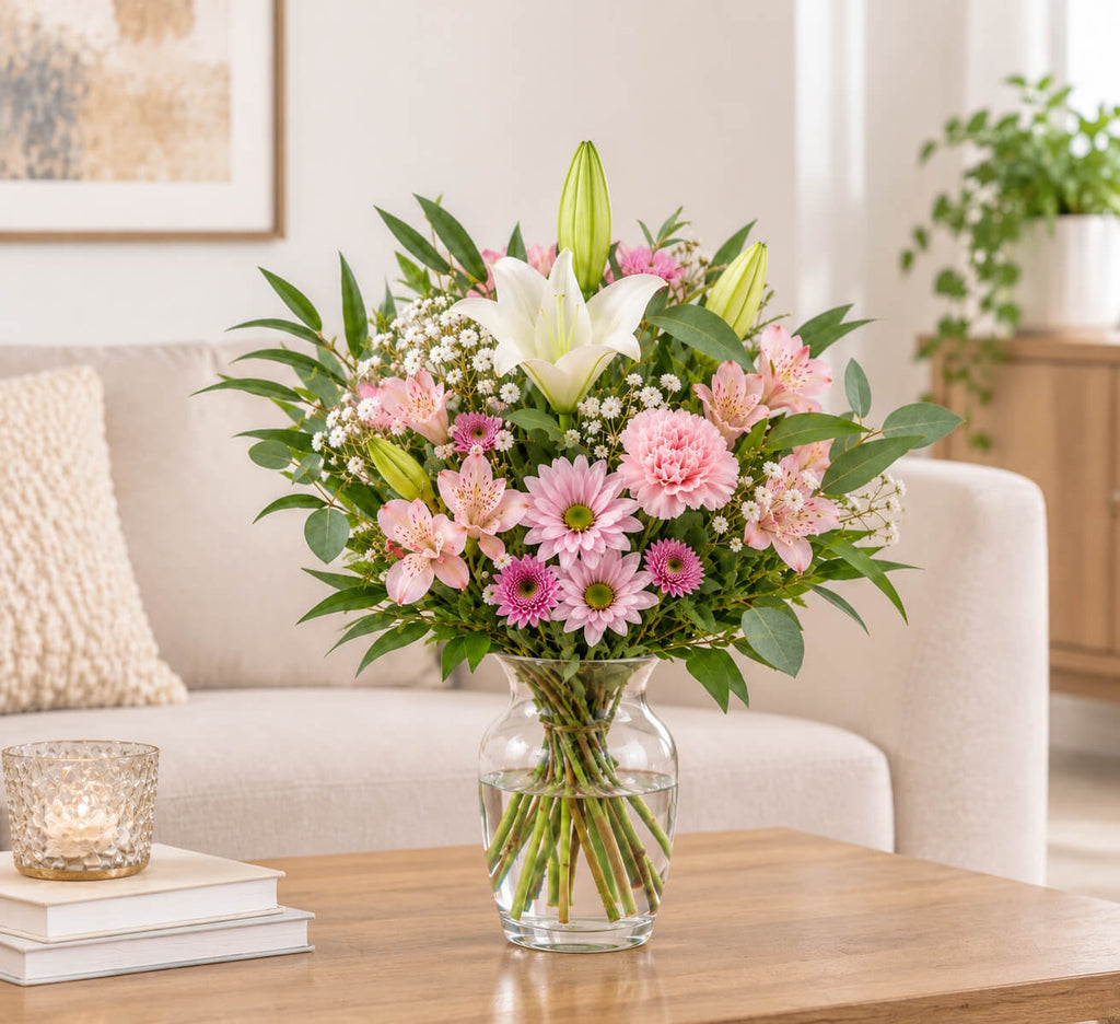 Ramo de lilium y margaritas rosadas