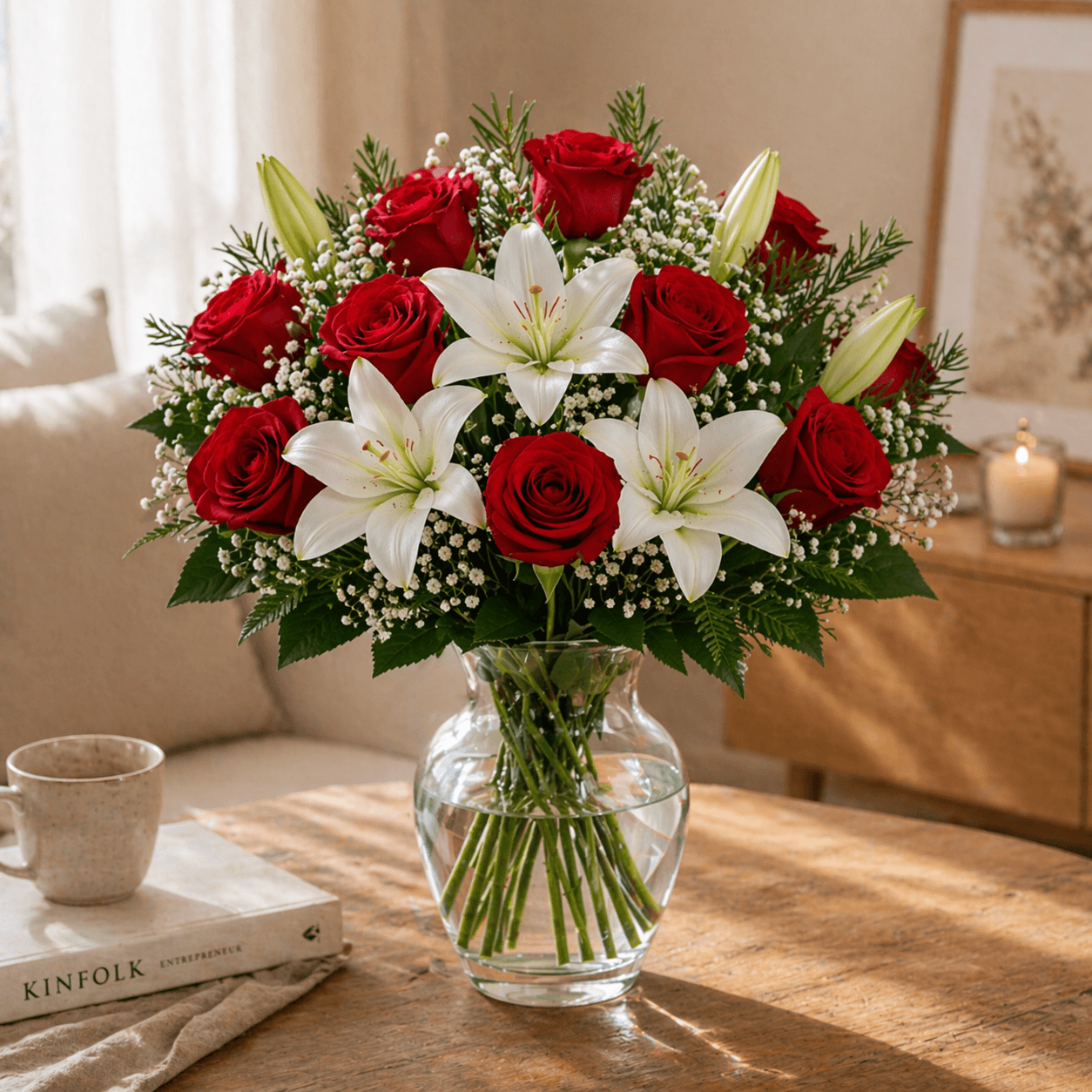 Ramo de 12 rosas y lilium
