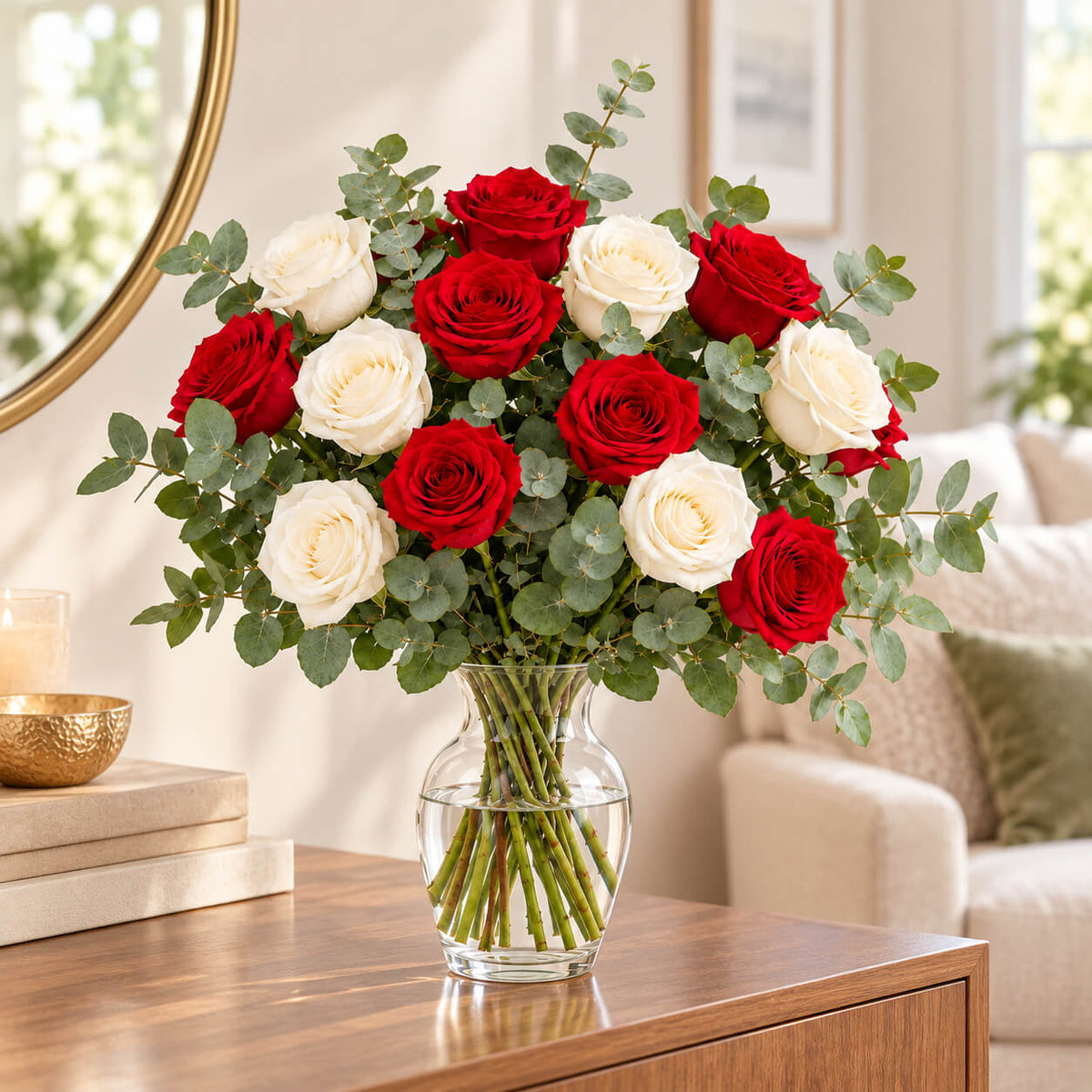 Ramo de 12 rosas rojas y blancas
