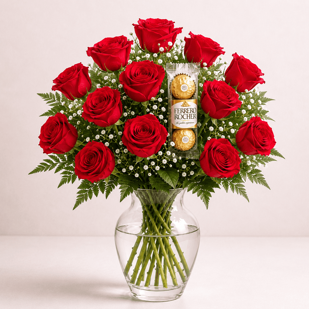 Ramo de 12 rosas y bombones
