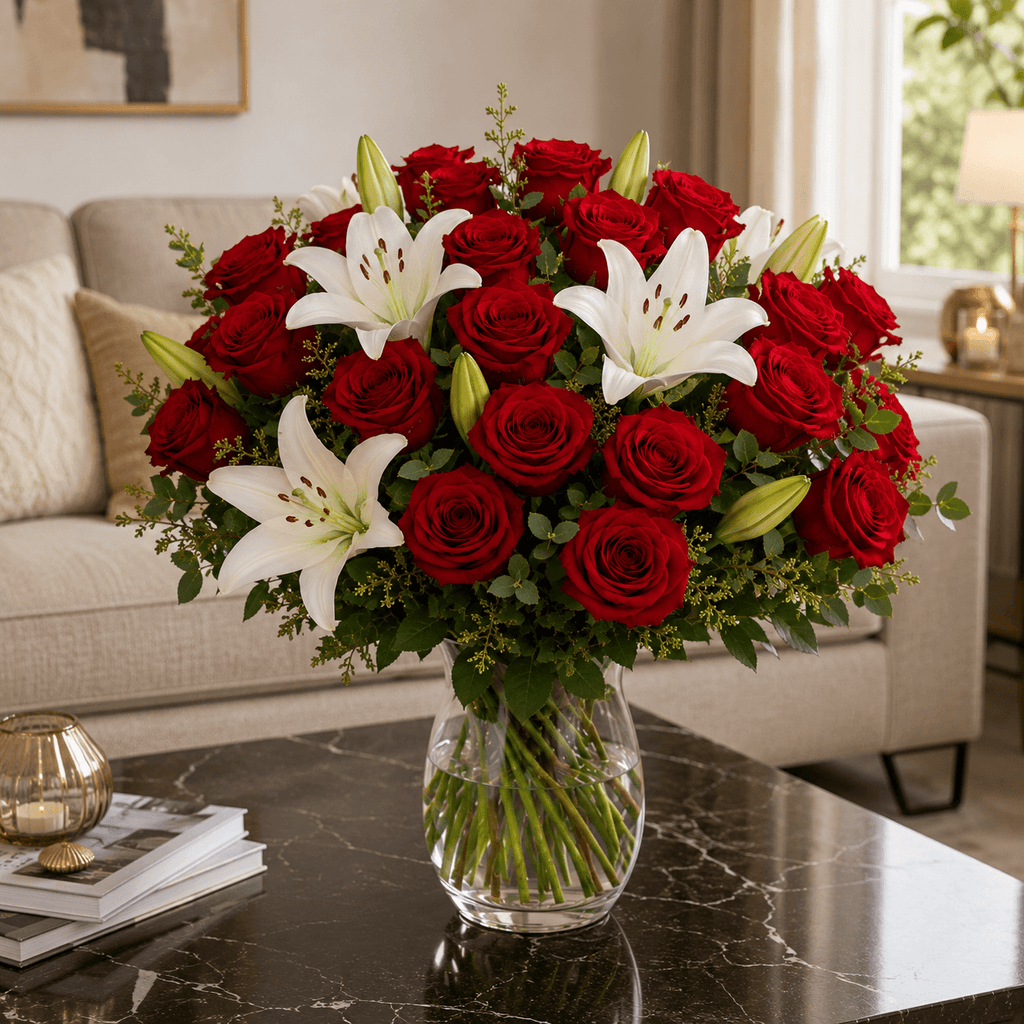Ramo de 24 rosas y lilium