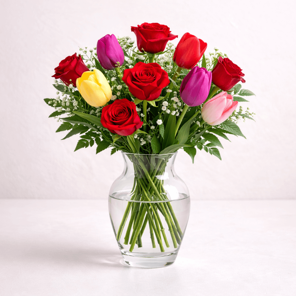 Ramo de 6 rosas y tulipanes