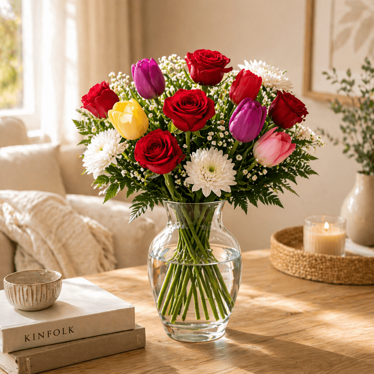 Ramo de 6 rosas y tulipanes
