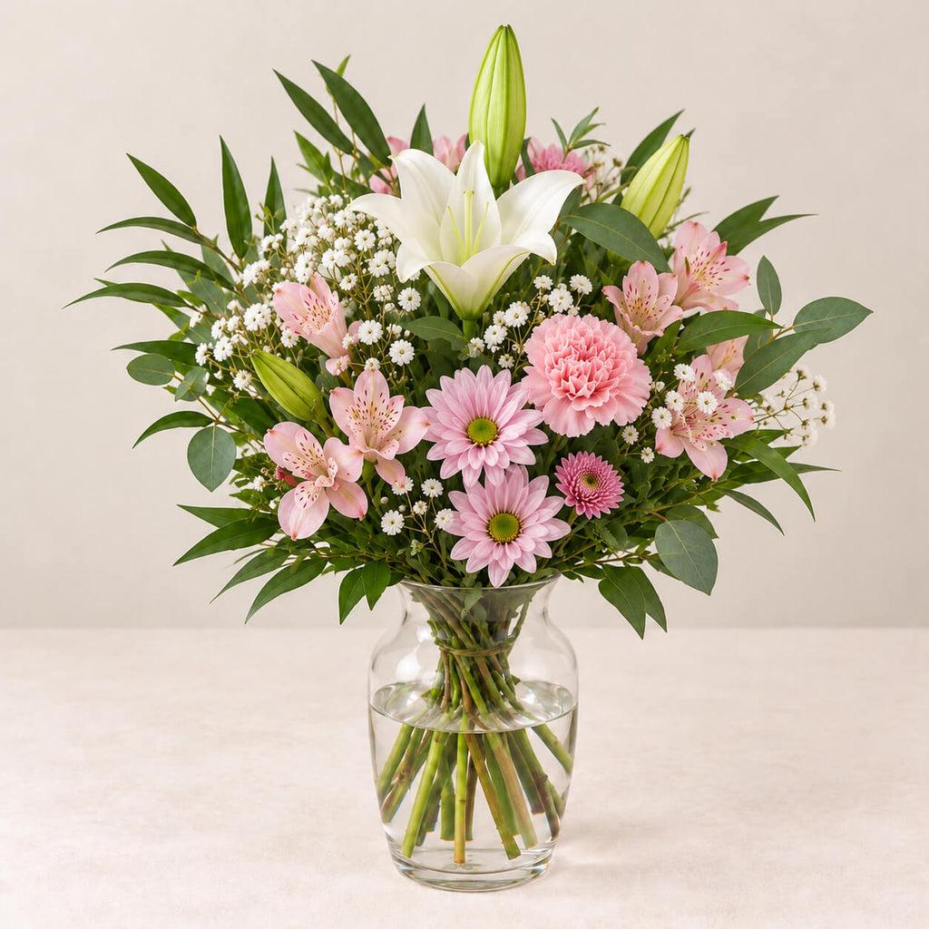 Ramo de lilium y margaritas rosadas
