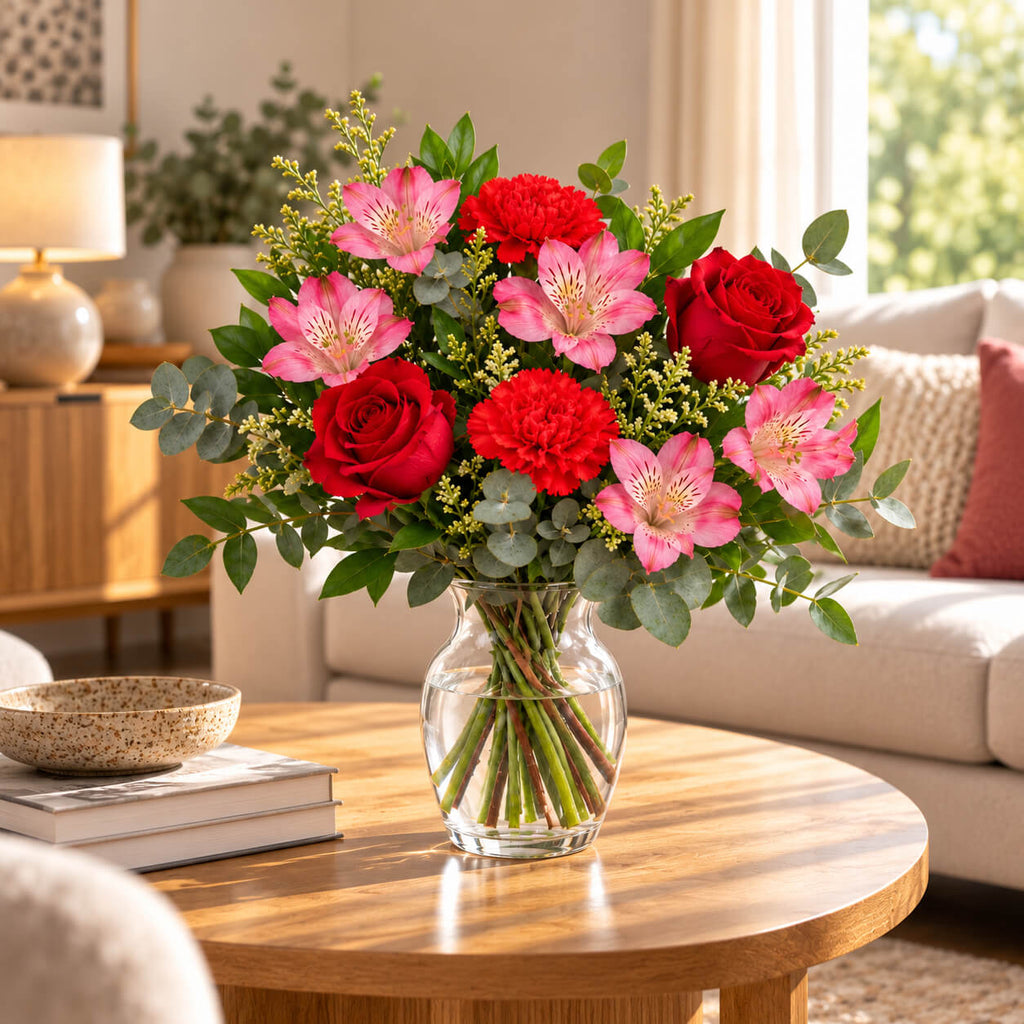 Ramo de rosas y alstroemerias romance
